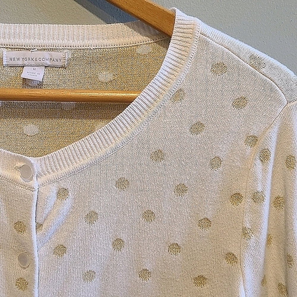 NEW York & Company White/Gold Polka Dot Cardigan - Picture 2 of 7